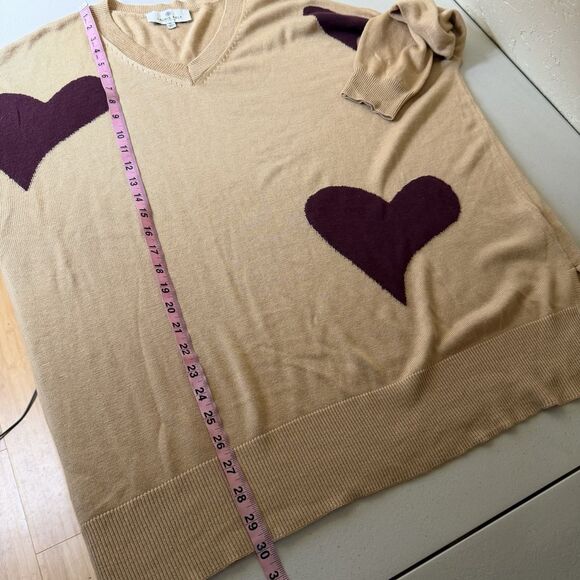 Laurie Felt V Neck Sweater Womens XL Tan Heart Print Cashmere Blend Preppy - Picture 6 of 11